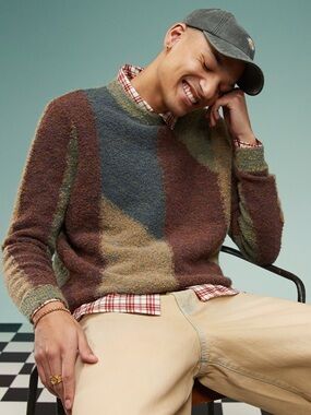 ASOS DESIGN Textured Knit Crewneck Sweater L Multi Color Abstract Relaxed Fit